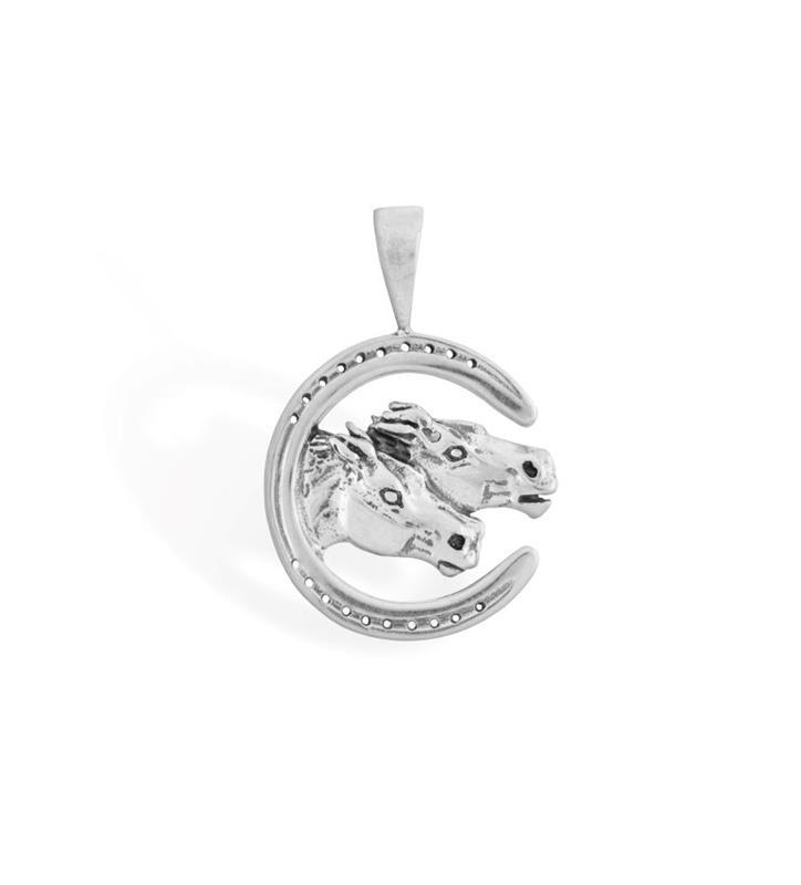 Double Horsehead in Horseshoe Pendant by Darren K Moore-Drop,299-10 PENDANT