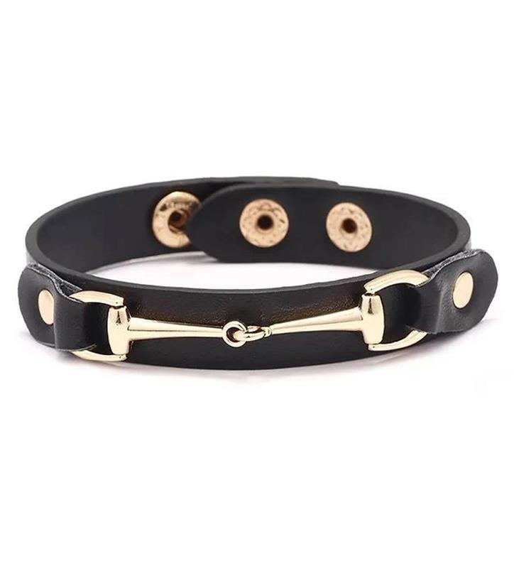 Vegan Leather Bracelet with Gold Tone Snaffle Bit,63-JB2608